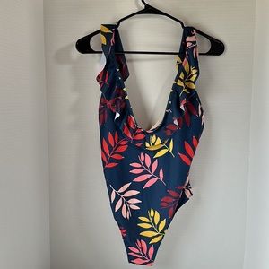Carolina k one piece swimsuit tropical leaves print size large navy blue